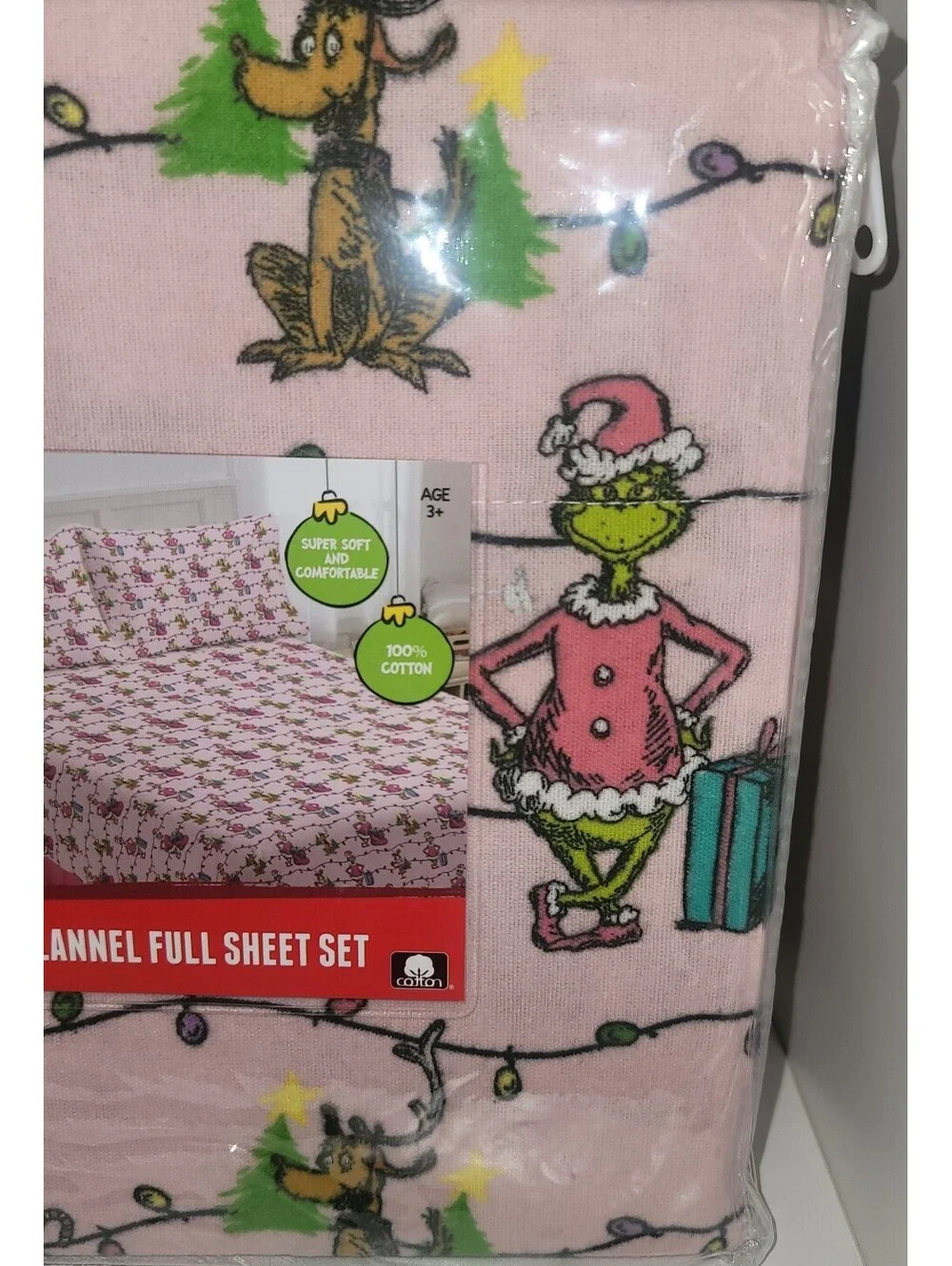 DR. SEUSS THE GRINCH CHRISTMAS PINK FLANNEL FULL SHEET SET NEW